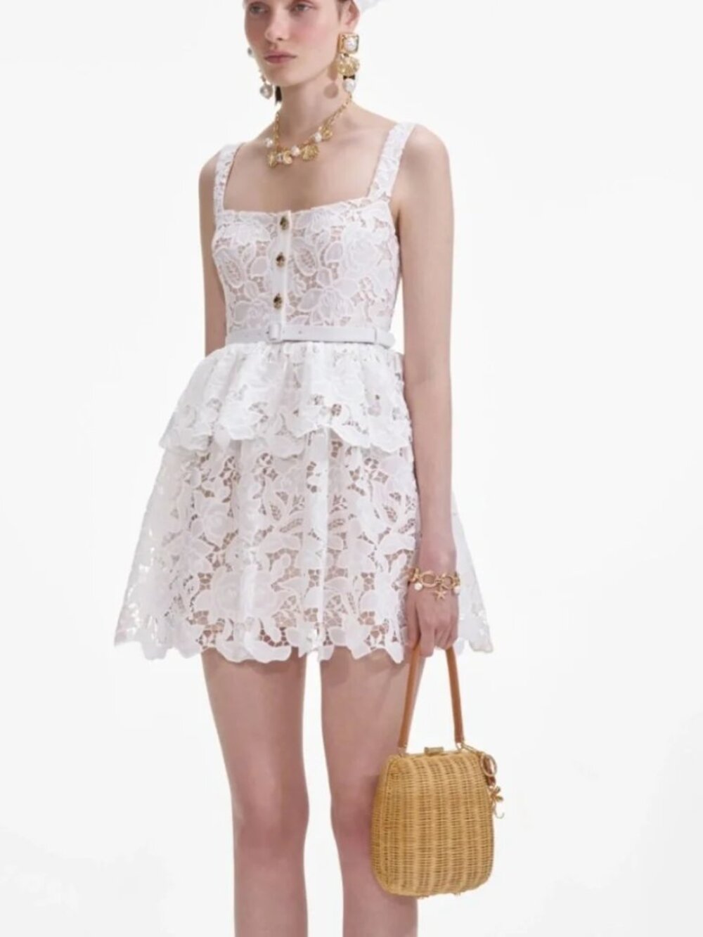 Self Portrait Guipure Lace Tiered Mini Dress Ivory White Peplum Cocktail Party - Picture 2 of 15